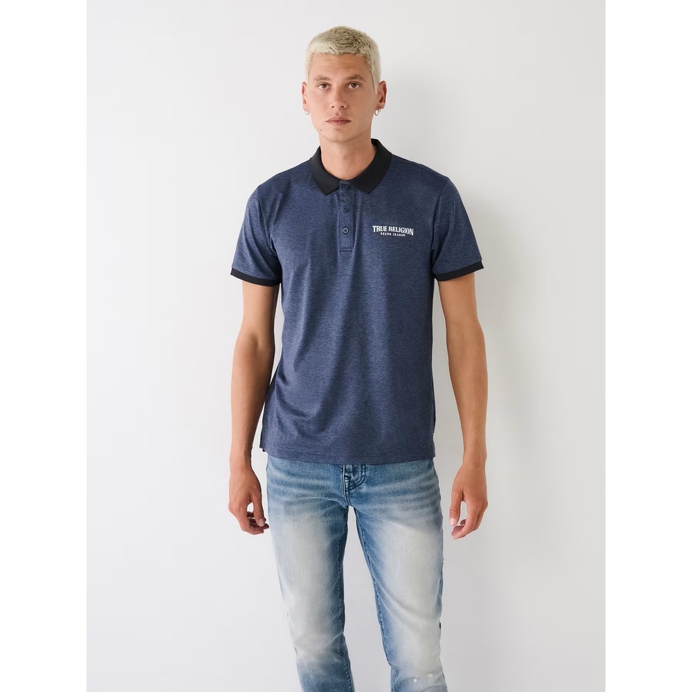 True Religion Polo Shirt Mens Short Sleeve Heathered Blue Black Logo Casual